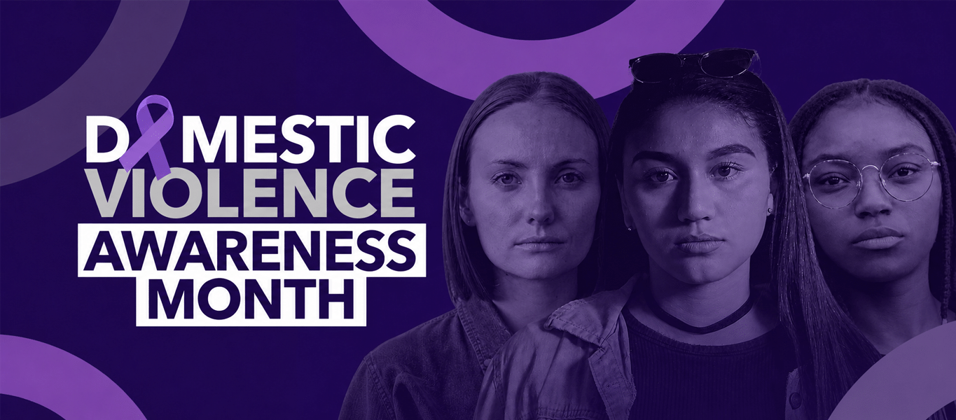 Domestic Violence Awareness Month graphic with a purple ribbon and portraits of three young women in purple tones.